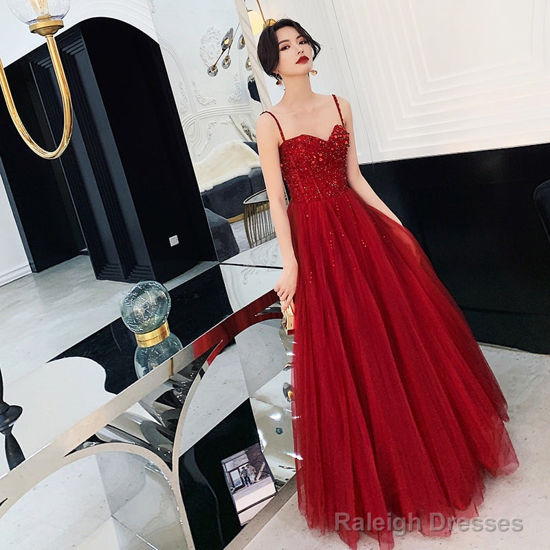 Wine Red Tulle Beaded Straps Beaded Formal Dress, Dark Red Evening Dress Party Dresses