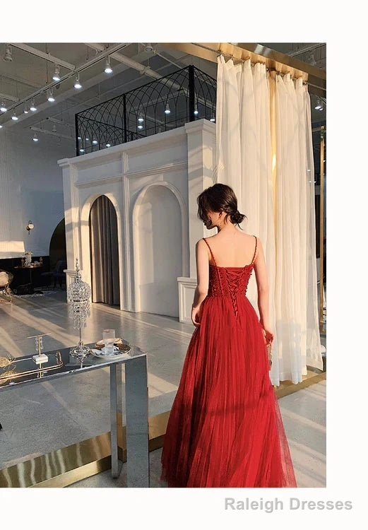 Wine Red Tulle Beaded Straps Beaded Formal Dress Evening Dress Party Dress A Line Prom Dress Secondary image