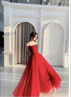 Wine Red Tulle Beaded Straps Beaded Formal Dress Evening Dress Party Dress A Line Prom Dress