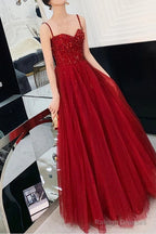 Wine Red Tulle Beaded Straps Beaded Formal Dress Evening Dress Party Dress A Line Prom Dress