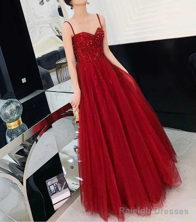 Wine Red Tulle Beaded Straps Beaded Formal Dress Evening Dress Party Dress A Line Prom Dress Main image