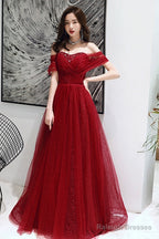 Wine Red Tulle Beaded Sweeetheart Long Evening Gown, Dark Red Prom Dress