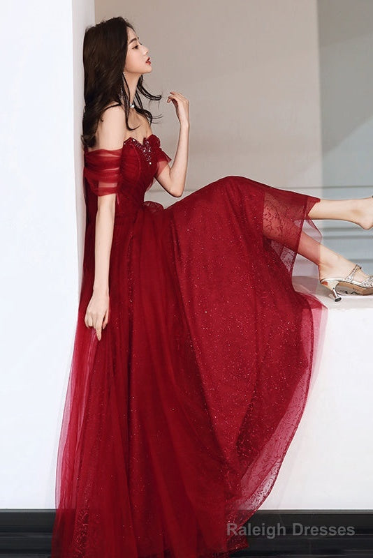 Wine Red Tulle Beaded Sweeetheart Long Evening Gown, Dark Red Prom Dress