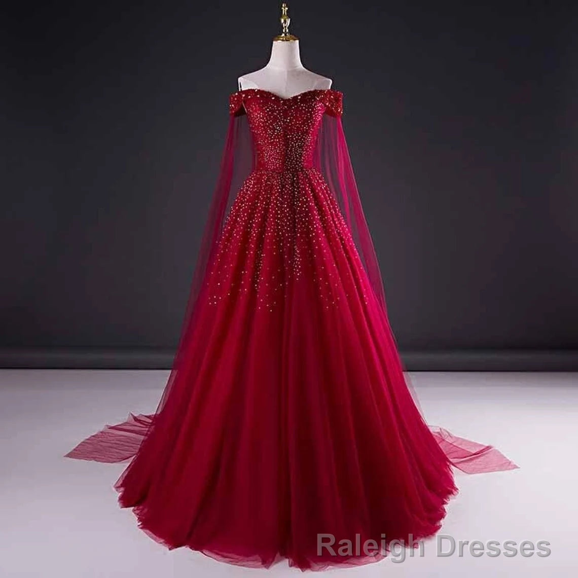 Wine Red Tulle Beaded Tulle Sparkle Long Prom Dress, Dark Red Sweet 16 Gowns Secondary image