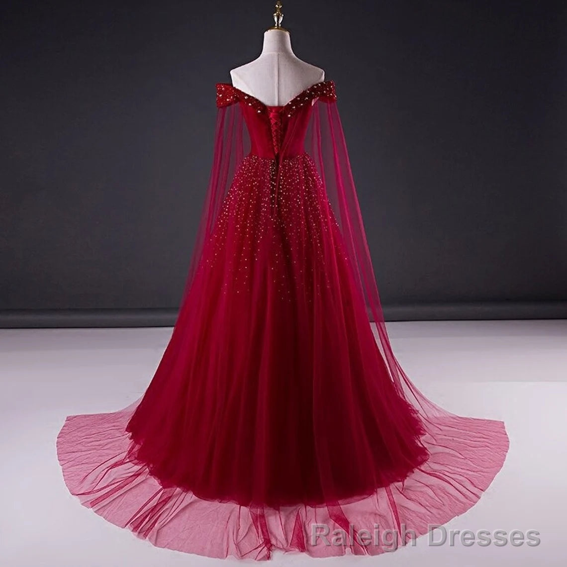 Wine Red Tulle Beaded Tulle Sparkle Long Prom Dress, Dark Red Sweet 16 Gowns