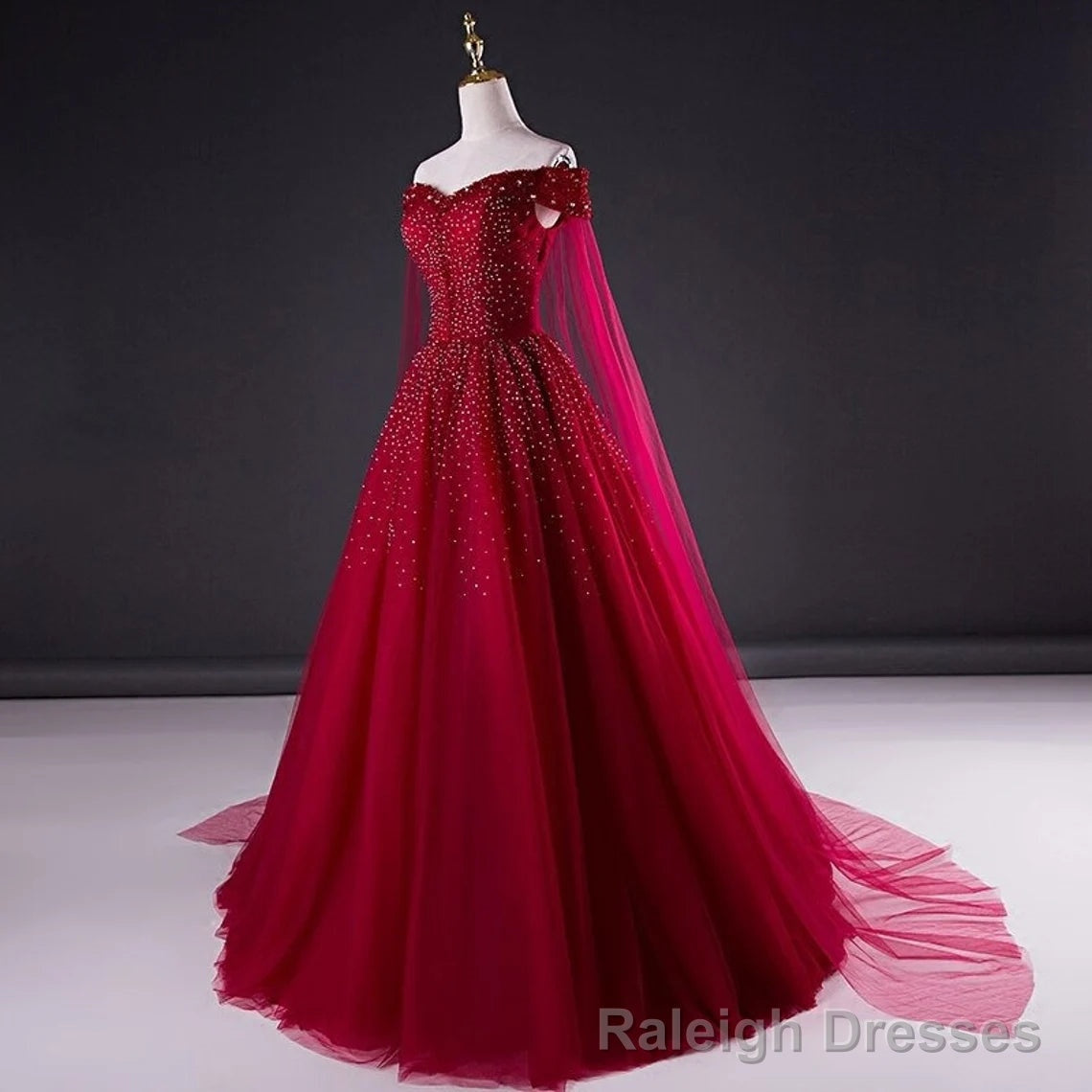 Wine Red Tulle Beaded Tulle Sparkle Long Prom Dress, Dark Red Sweet 16 Gowns Main image