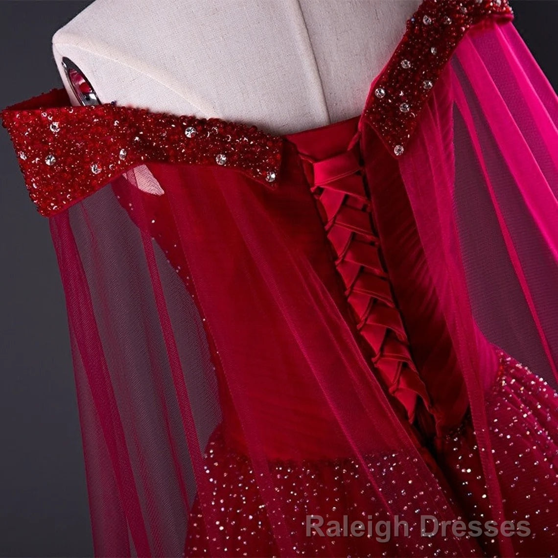 Wine Red Tulle Beaded Tulle Sparkle Long Prom Dress, Dark Red Sweet 16 Gowns