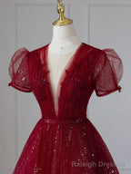 Wine Red Tulle Cap Sleeves Bridesmaid Dress, Wine Red Long Prom Dress