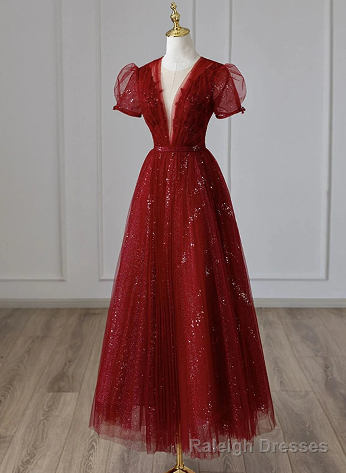 Wine Red Tulle Cap Sleeves Bridesmaid Dress, Wine Red Long Prom Dress Main image