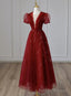 Wine Red Tulle Cap Sleeves Bridesmaid Dress, Wine Red Long Prom Dress