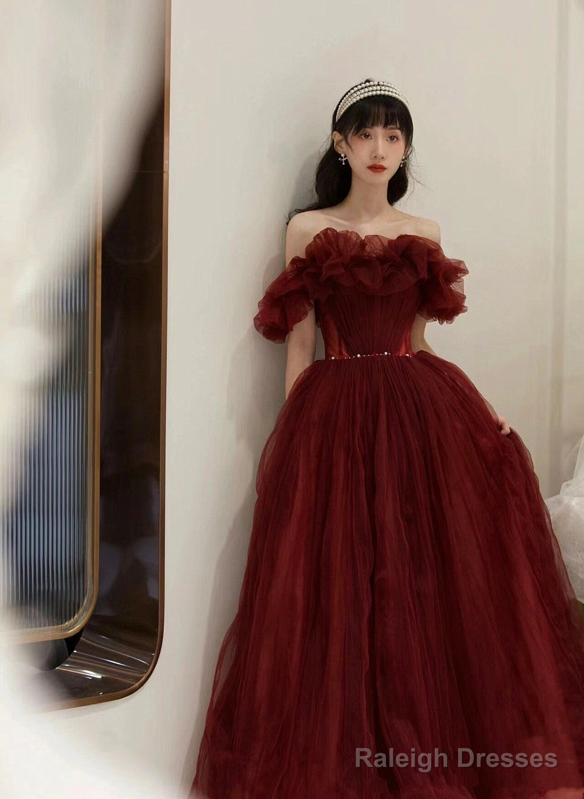 Wine Red Tulle Off Shoulder Long Party Dress, Wine Red Tulle Prom Dress Secondary image