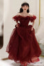 Wine Red Tulle Off Shoulder Long Party Dress, Wine Red Tulle Prom Dress