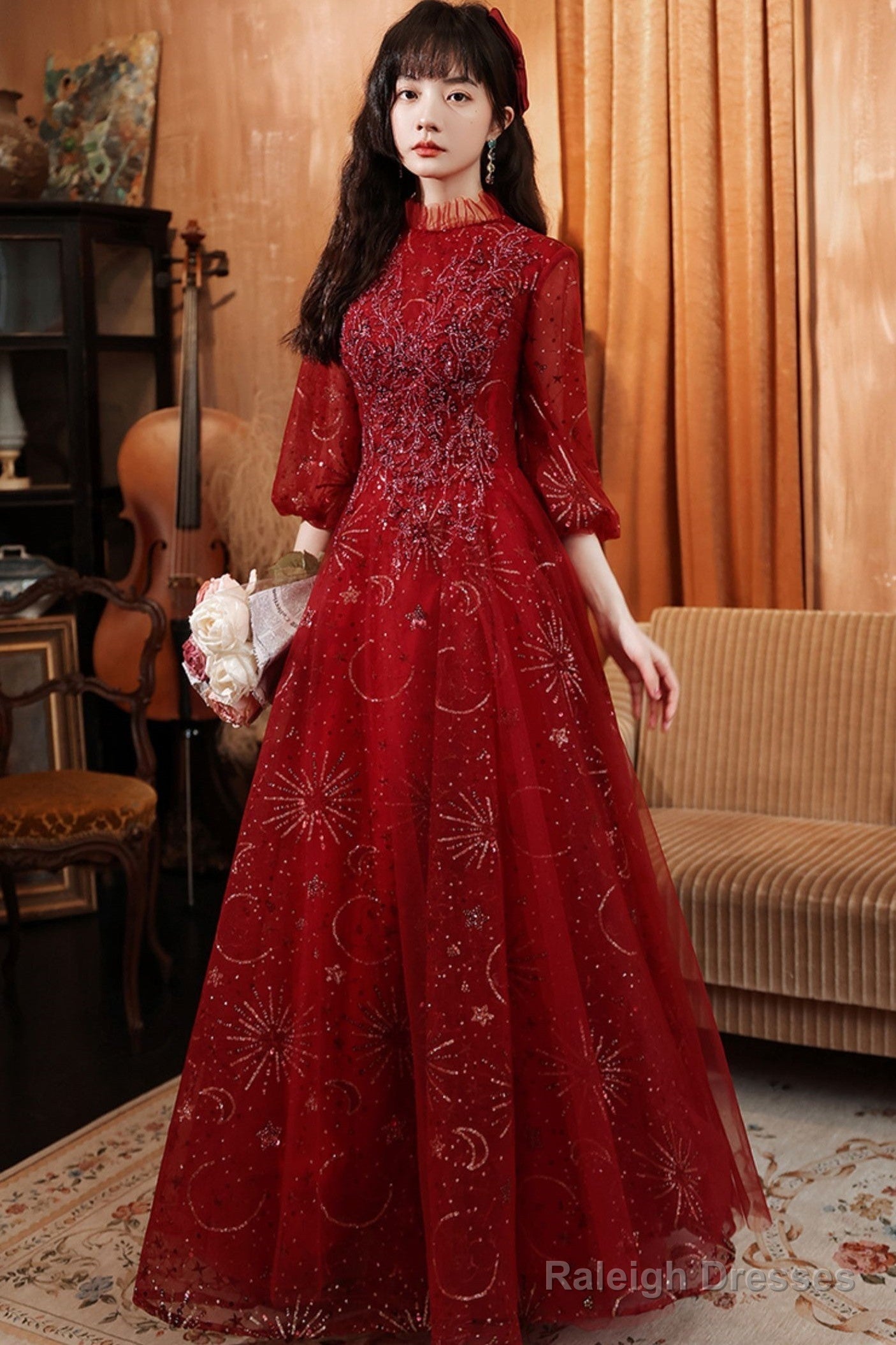Wine Red Tulle Puffy Sleeves Long Party Dress, Wine Red Long Prom Dress Secondary image