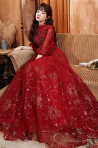 Wine Red Tulle Puffy Sleeves Long Party Dress, Wine Red Long Prom Dress