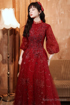 Wine Red Tulle Puffy Sleeves Long Party Dress, Wine Red Long Prom Dress