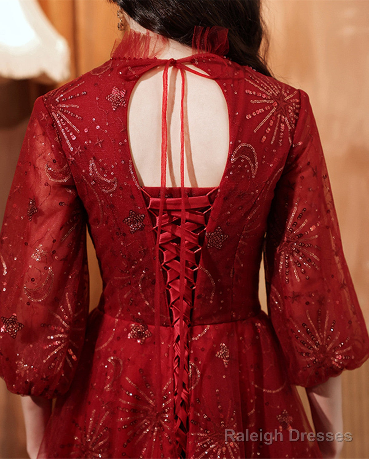 Wine Red Tulle Puffy Sleeves Long Party Dress, Wine Red Long Prom Dress