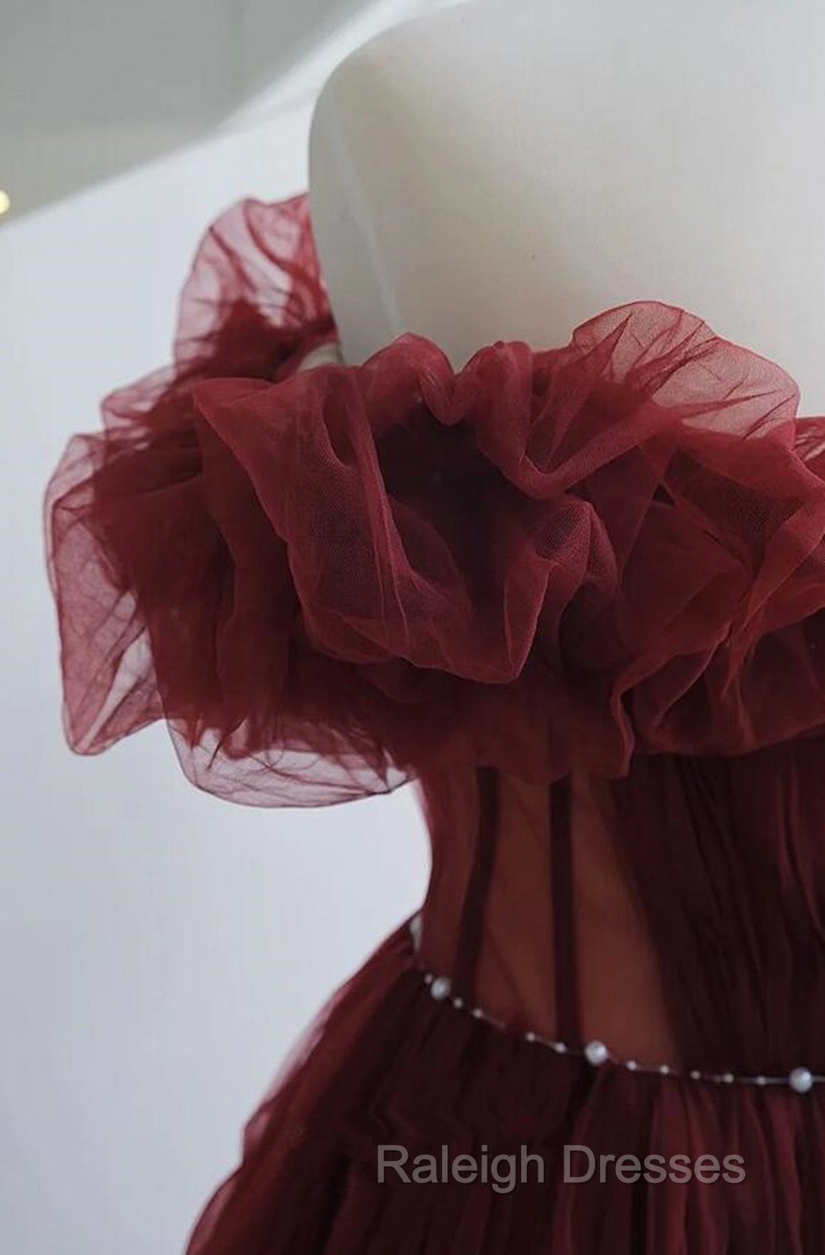 Wine Red Tulle Sequins Long Off Shoulder Party Dress, Wine Red Tulle Prom Dress Secondary image
