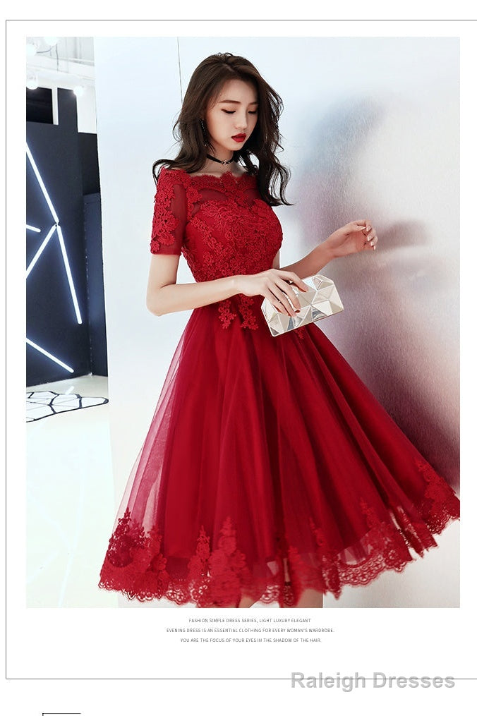 Wine Red Tulle Short Homecoming Dress With Lace Applique, Cute Prom Dress Party Dress Secondary image