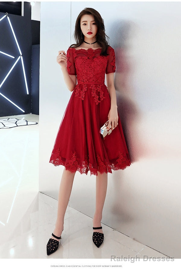 Wine Red Tulle Short Homecoming Dress With Lace Applique, Cute Prom Dress Party Dress