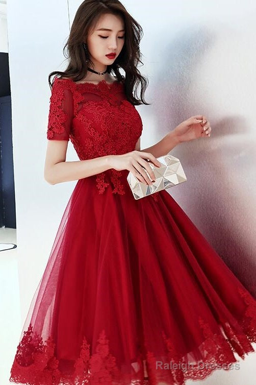 Wine Red Tulle Short Homecoming Dresses With Lace Applique Main image