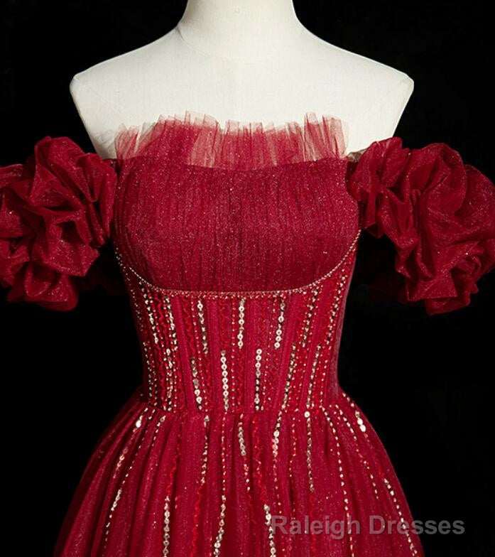 Wine Red Tulle Short Sleeves Beaded Party Dress, A-line Wine Red Prom Dress