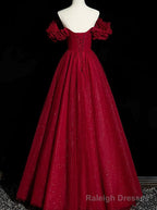 Wine Red Tulle Short Sleeves Beaded Prom Dress, A Line Wine Red Prom Dress