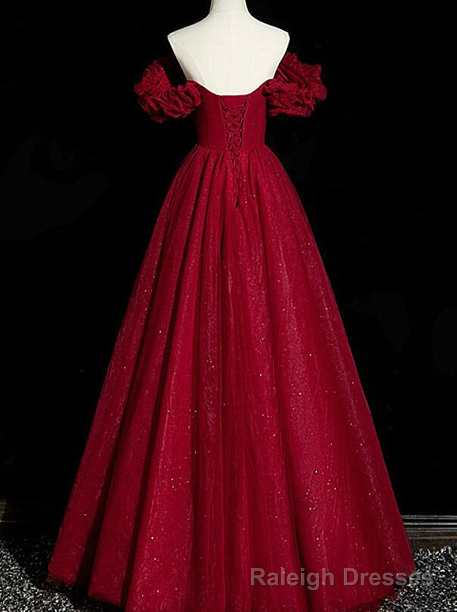 Wine Red Tulle Short Sleeves Beaded Party Dress, A-line Wine Red Prom Dress