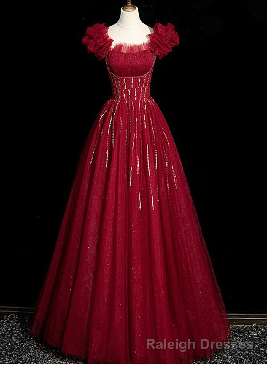 Wine Red Tulle Short Sleeves Beaded Prom Dress, A Line Wine Red Prom Dress Main image