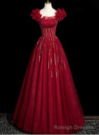 Wine Red Tulle Short Sleeves Beaded Prom Dress, A Line Wine Red Prom Dress