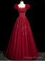 Wine Red Tulle Short Sleeves Beaded Prom Dress, A Line Wine Red Prom Dress