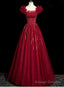 Wine Red Tulle Short Sleeves Beaded Party Dress, A-line Wine Red Prom Dress
