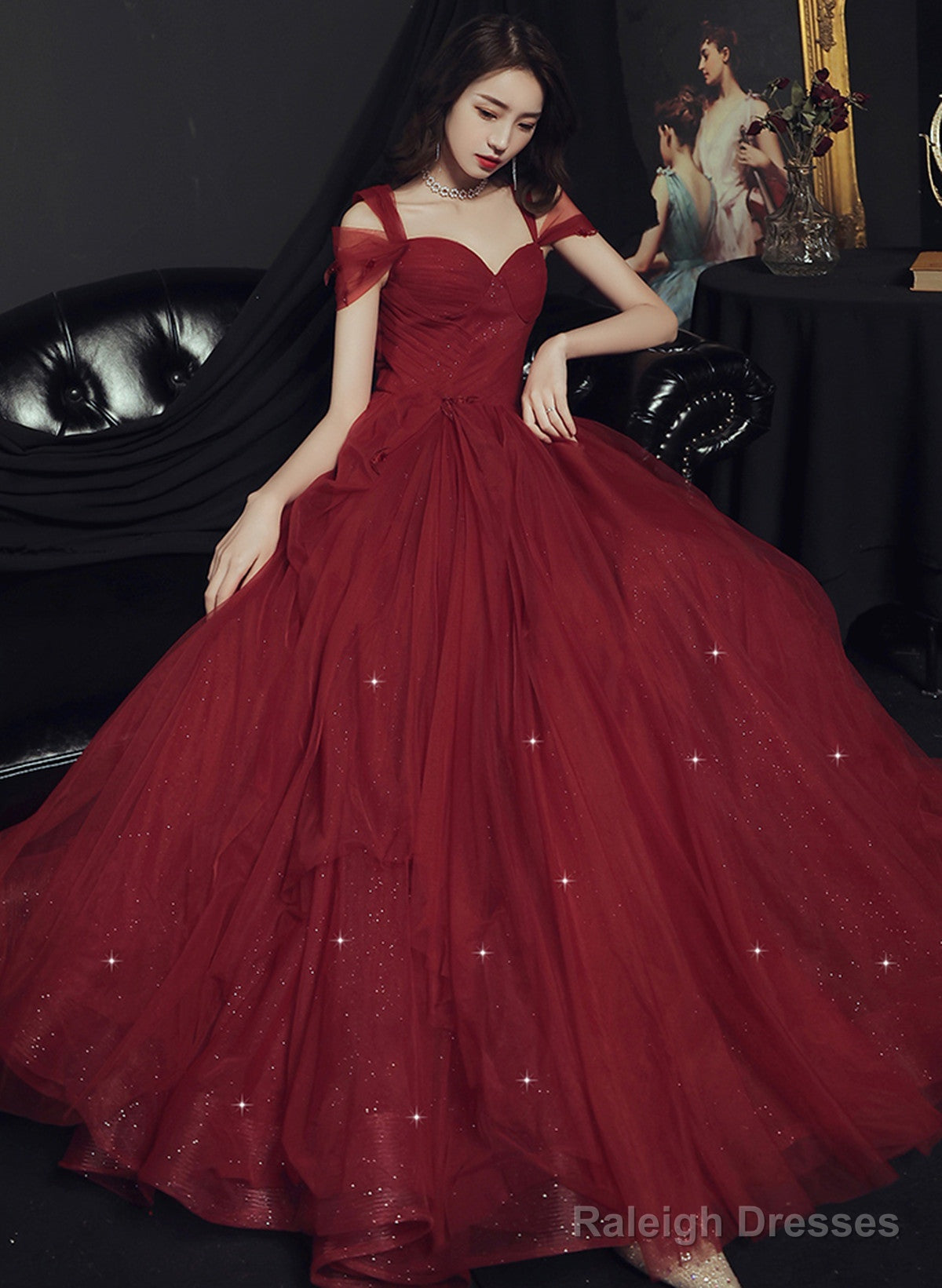 Wine Red Tulle Straps Sweetheart Long Party Dress, Wine Red A-Line Prom Dress Secondary image