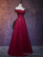 Wine Red Tulle Sweetheart Long Prom Dress, A Line Prom Dress