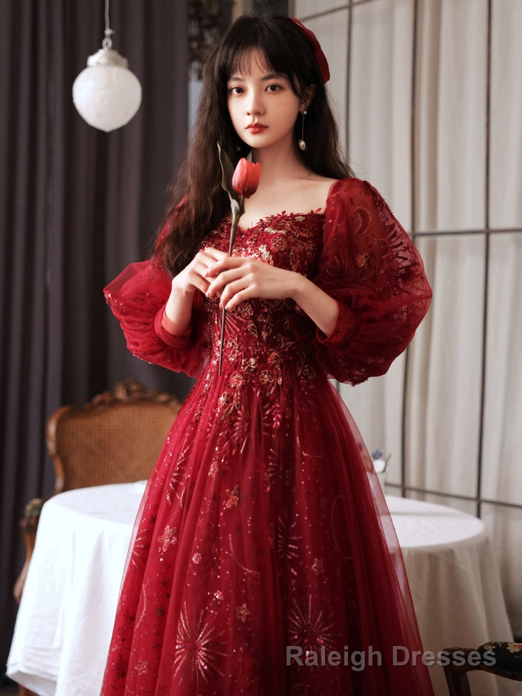 Wine Red Tulle Sweetheart Off Shoulder Prom Dress, Wine Red Tulle Prom Dress Secondary image