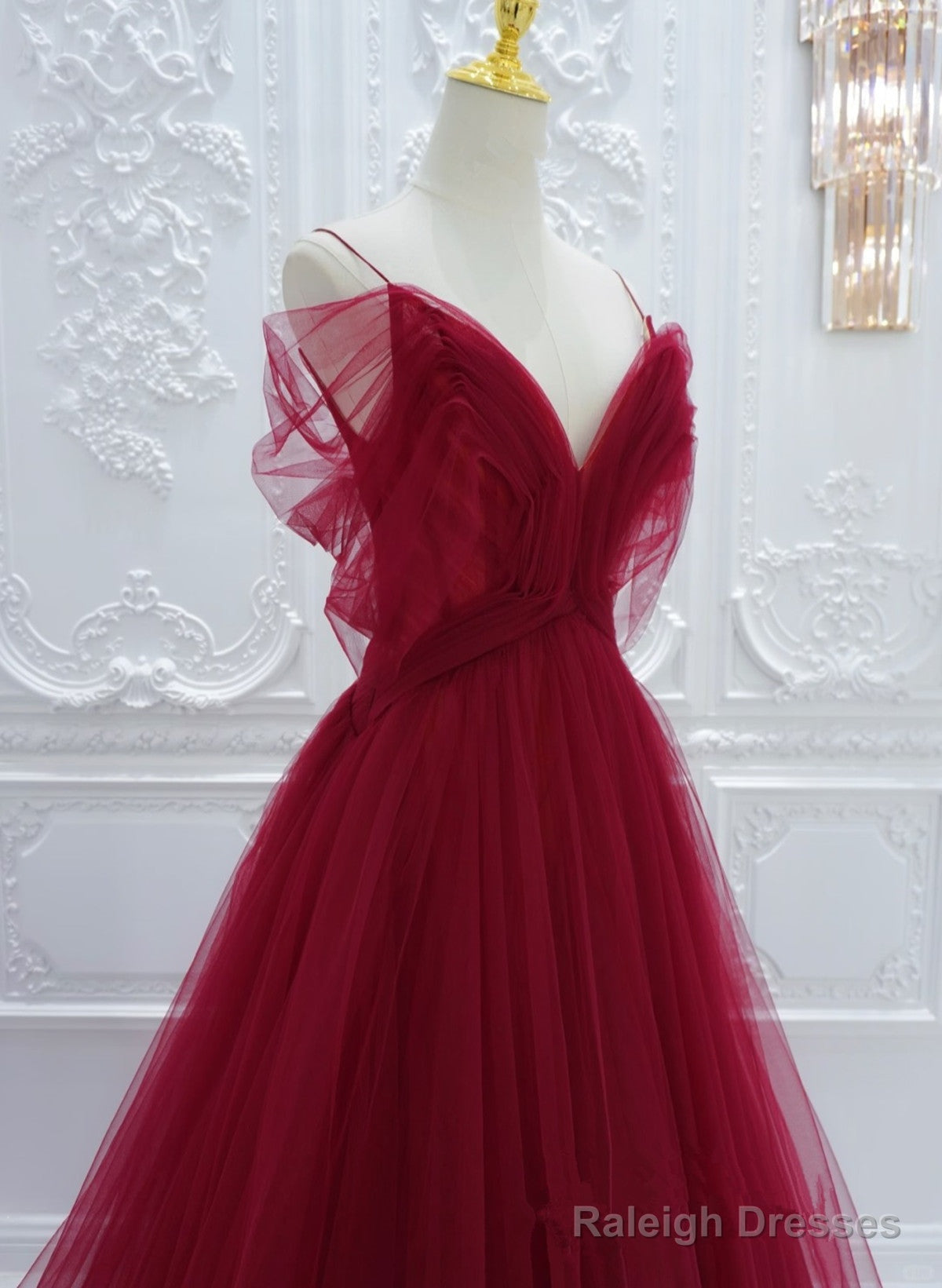 Wine Red Tulle V-Neckline Long Party Dress, Wine Red Tulle Prom Dress Secondary image
