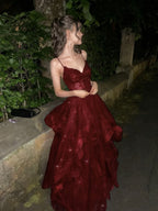 Wine Red Tulle V-Neckline With Lace Applique Prom Dresses WIne Red Long Prom Dresses