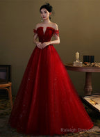 Wine Red Tulle With Beaded Floor Length Party Dress, Wine Red Prom Dress