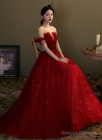 Wine Red Tulle With Beaded Floor Length Party Dress, Wine Red Prom Dress