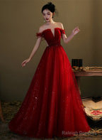 Wine Red Tulle With Beaded Floor Length Party Dress, Wine Red Prom Dress