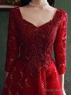 Wine Red Tulle With Lace A-Line Beaded Long Prom Dresses Wine Red Prom Dresses