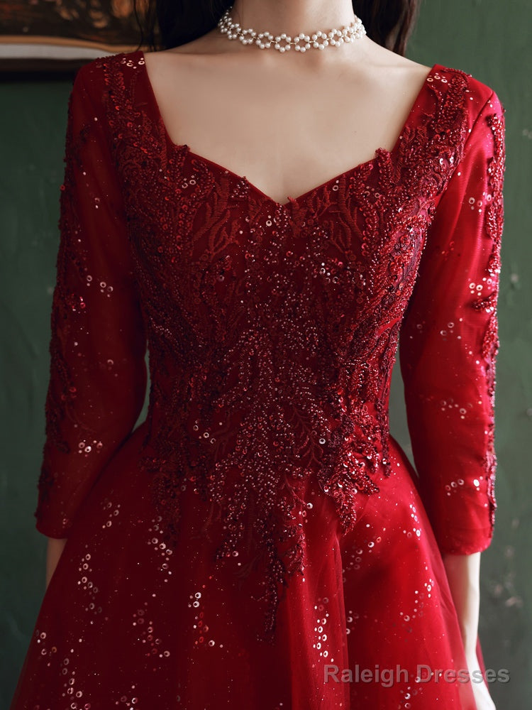 Wine Red Tulle With Lace A-Line Beaded Long Prom Dresses Wine Red Prom Dresses