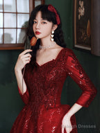 Wine Red Tulle With Lace A-Line Beaded Long Prom Dresses Wine Red Prom Dresses