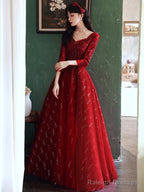 Wine Red Tulle With Lace A-Line Beaded Long Prom Dresses Wine Red Prom Dresses