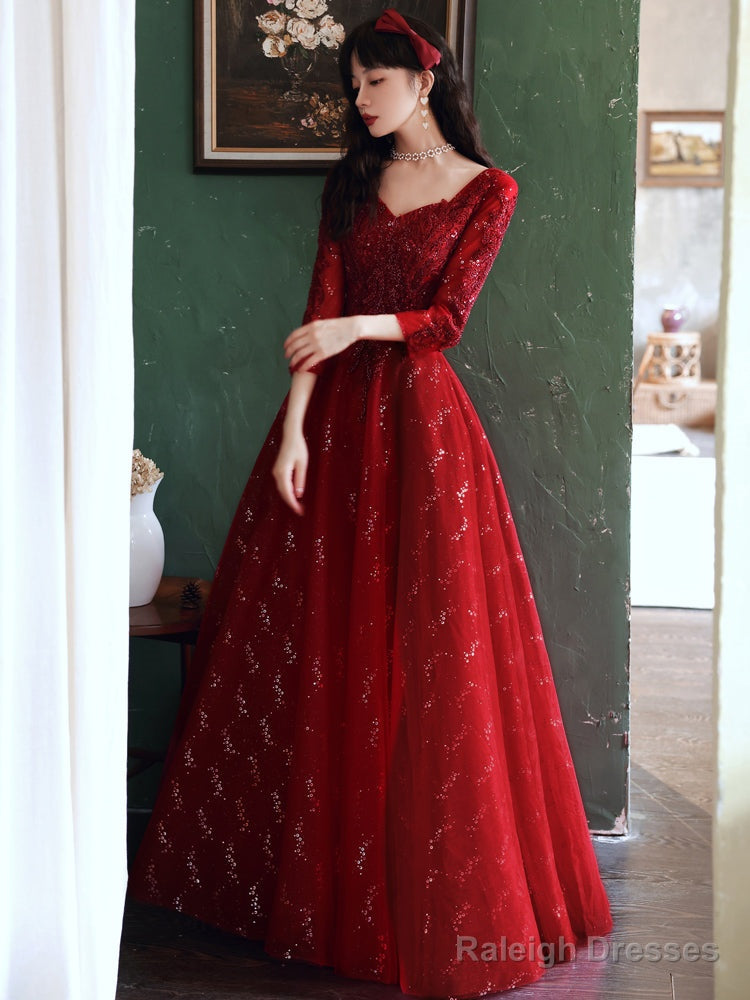 Wine Red Tulle With Lace A-Line Beaded Long Prom Dresses Wine Red Prom Dresses