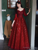 Wine Red Tulle With Lace A-Line Beaded Long Prom Dresses Wine Red Prom Dresses