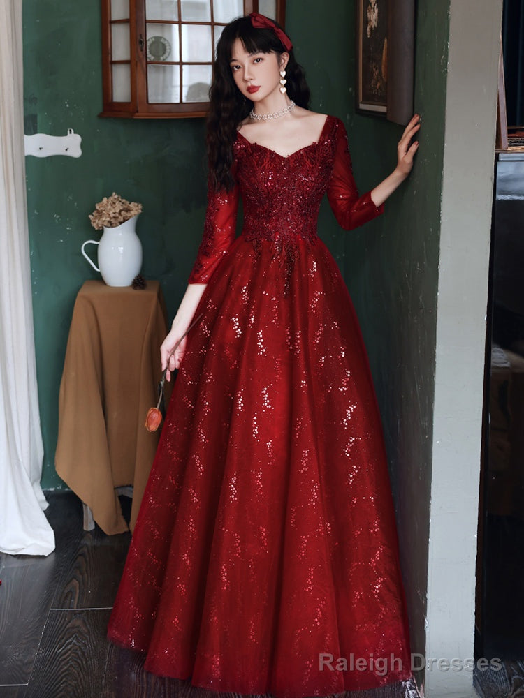 Wine Red Tulle With Lace A-Line Beaded Long Prom Dresses Wine Red Prom Dresses