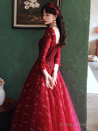 Wine Red Tulle With Lace A-Line Beaded Long Prom Dresses Wine Red Prom Dresses
