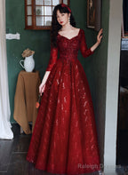 Wine Red Tulle With Lace A-Line Beaded Long Prom Dresses Wine Red Prom Dresses