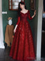Wine Red Tulle With Lace A-Line Beaded Long Prom Dresses Wine Red Prom Dresses