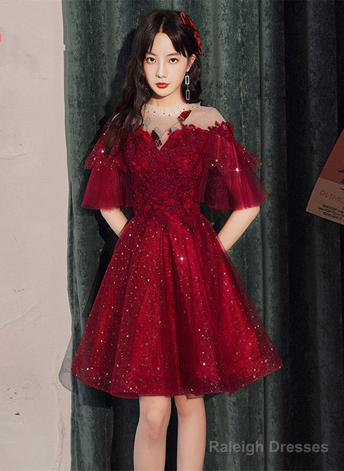 Wine Red Tulle With Lace High Neckline Homecoming Dresses Wine Red Short Prom Dresses